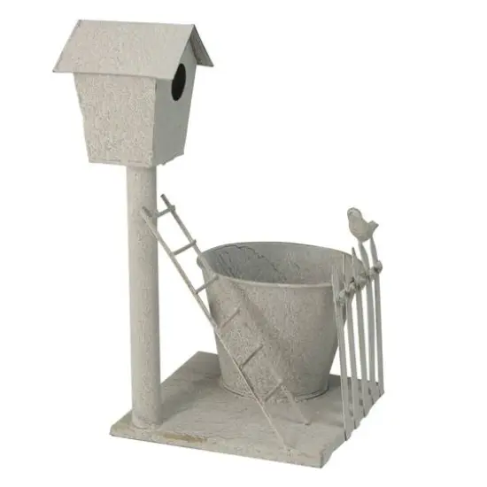 13" Gray Textured Planter with Decorative Birdhouse {3}