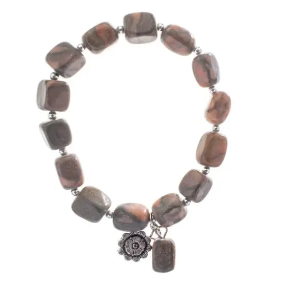 John Bead Jasper Gray Natural Stone Stretch Bracelet with Flower Charm {1}