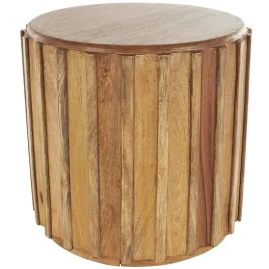 18.25" Brown Mango Wood Handmade Concaved Curve Drum Accent Table with Ridges {1}