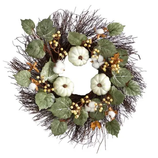22" Autumn Green Pumpkin, Cotton & Berries Fall Wreath {1}