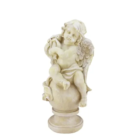 12" Almond Brown Cherub with Lyre Garden Statue {1}