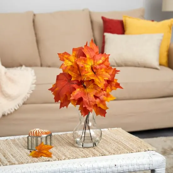 10" Autumn Maple Leaf Arrangement in Glass Vase {4}