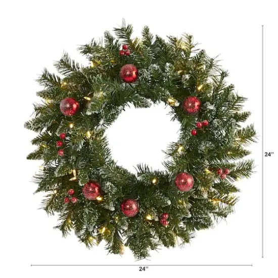 24" White LED Frosted Christmas Wreath with Ornaments & Berries {3}