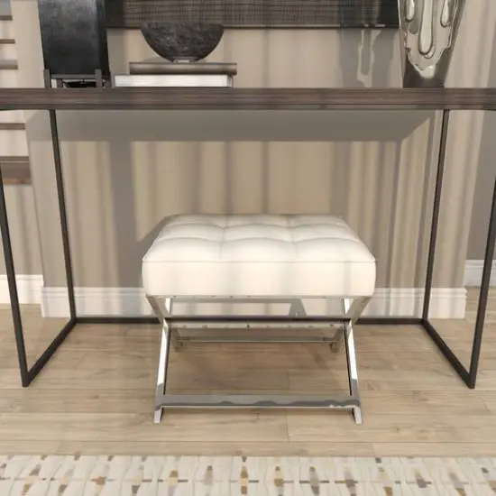 19" Leather Stool with Stainless Steel Supports White {9}