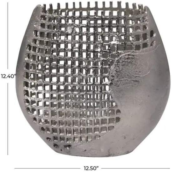 13" Dark Gray Aluminum Grid Inspired Abstract Vase with Open Frame Design {6}