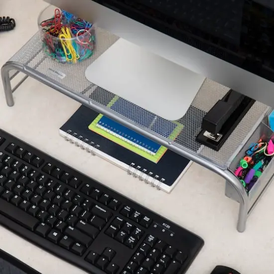 Mind Reader Silver Metal Mesh Monitor Stand with 2 Storage Compartments {3}