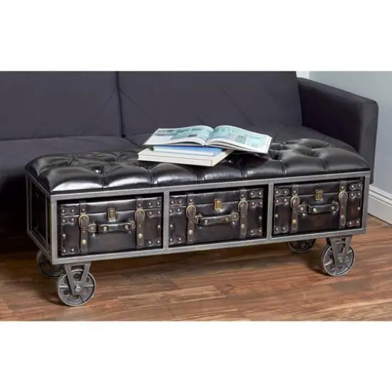 Industrial Rectangular Black Faux Leather and Wood Storage Bench, 19" x 47" x 16" {12}