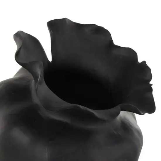 12.75" Black Ceramic Abstract Wide Rounded Floral Shaped Decorative Vase with Petal Rim {7}