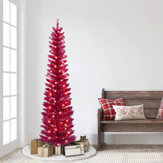 6ft. Pre-Lit Red Tinsel Artificial Tree, Clear Lights {4}