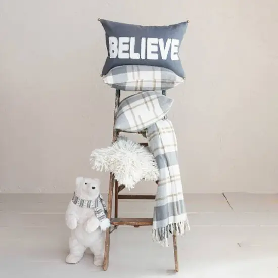 Hello Honey&reg; Gray, Gold & White Plaid Brushed Cotton Flannel Throw with Fringe {3}