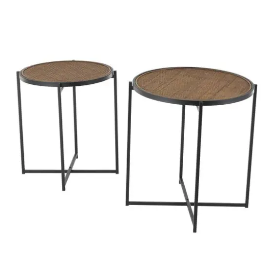 Black Metal & Woven Rattan Accent Table Set {4}