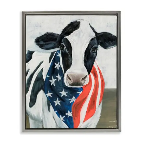Stupell Industries Farm Cow American Flag Animal Floater Framed Art Gray {1}