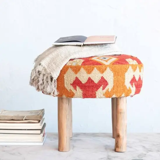 Hello Honey&reg; 24" Round Orange Cotton & Wool Kilim Stool with Natural Wood Legs {4}