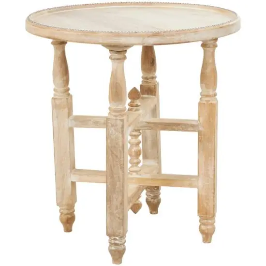 23" Cream Mango Wood Whitewashed Accent Table with Silver Beaded Rim and Turned Legs {1}