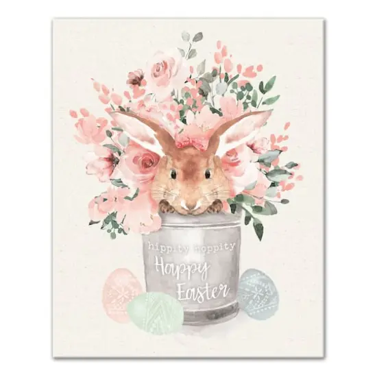 Easter Bunny Floral Bucket 16" x 20" Canvas Wall Art {1}