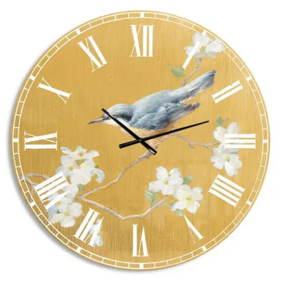 Designart 'Gold Bird On Blossoms Ii Traditional Wall Clock {1}