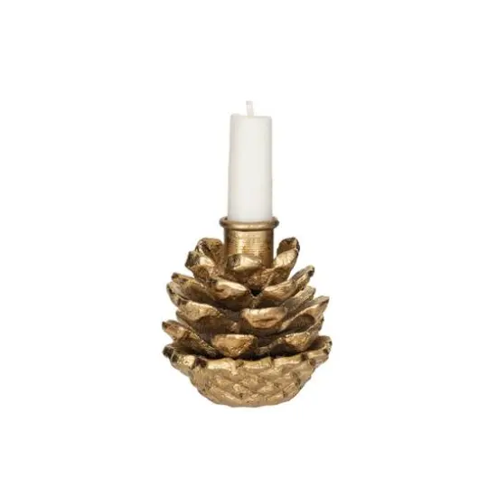 Hello Honey&reg; 3.5" Anique Gold Finish Metal Pinecone Shaped Taper Candle Holder {4}