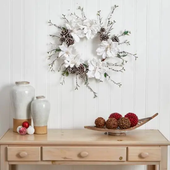 24" Snowed Magnolia & Pinecone Wreath {3}