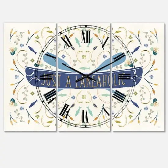 Designart Just A Lakeaholic Lake House 3 Panel Wall Clock {1}