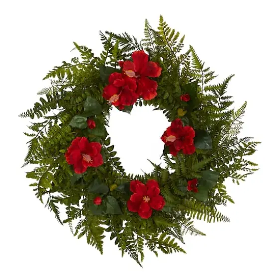 24" Mixed Fern & Hibiscus Artificial Wreath {1}