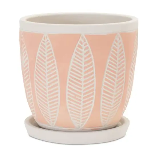 Pink Leaves Cement Planters with Plates Set {3}