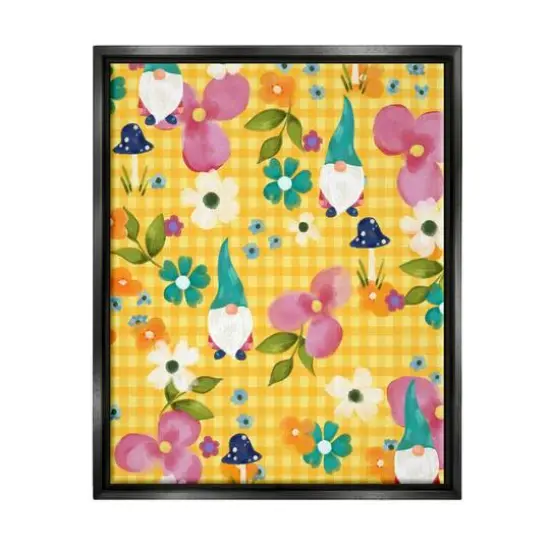 Stupell Industries Yellow Tartan Patterned Spring Gnomes Mushrooms Floater Framed Art Black {1}