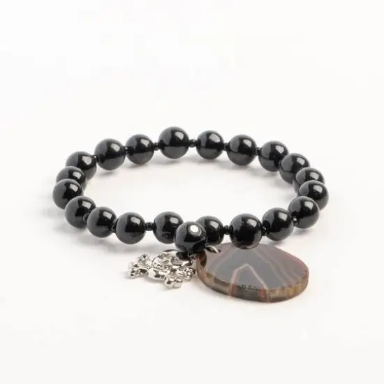 John Bead Onyx Black Natural Stone Bracelet with Agate & Skull Charm {4}