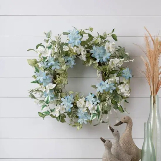 23" Light Blue Mini Blossom Floral Wreath {3}