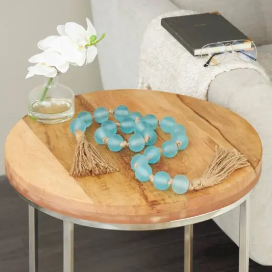 45" Handmade Round Frosted Glass Bead Garland with Tassels & Knotted Jute Light Teal {3}