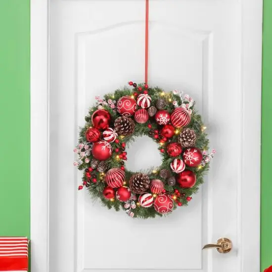 Haute Decor 26" Pre-Lit Holiday Times Red & White Ornament, Berry & Pinecone Wreath, Soft White LED Lights {3}