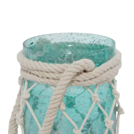Aquamarine Glass Coastal Candle Holder Lantern, 16" x 5" x 5" {6}