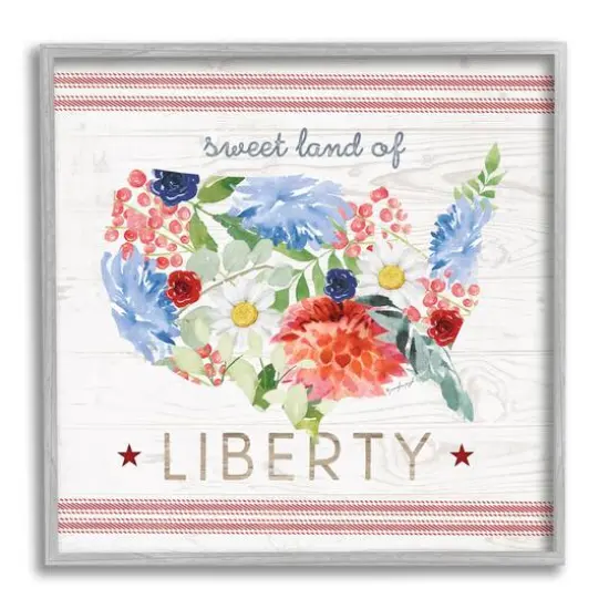 Stupell Industries Sweet Land Of Liberty Floral USA Framed Giclee Art Gray {1}