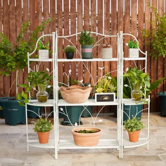 Glitzhome&reg; Rectangular 3-Tiered Metal Shelf Planter Stand White {5}