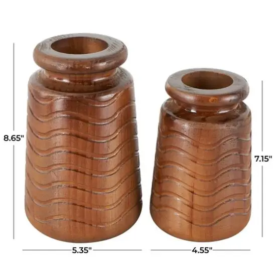 Brown Wood Vase with Carved Wavy Design Set {8}
