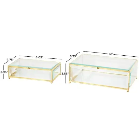 Clear & Gold Beveled Glass & Metal Rectangle Footed Jewelry Box with Chain Accent Set {5}