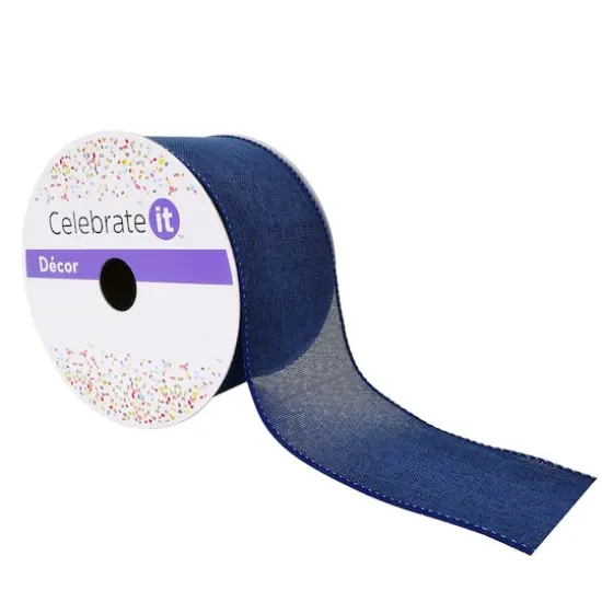 2.5" x 25ft. Faux Linen Wired Ribbon by Celebrate It™ Décor Navy {1}