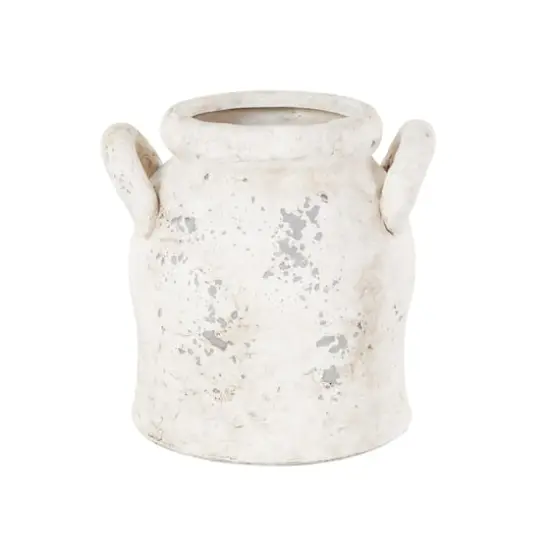 8.25" Cream Ceramic Antique Style Distressed Decorative Vase with Handles {1}