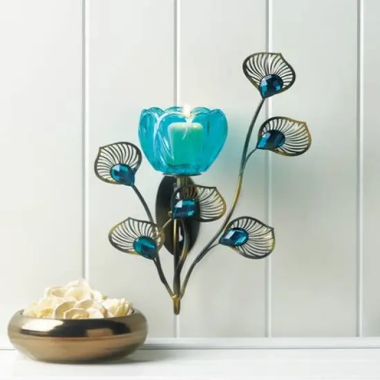 11'' Peacock Blossom Single Candle Wall Sconce {3}
