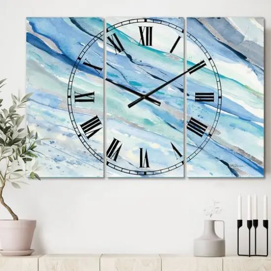 Designart Blue Silver Spring I Traditional 3 Panel Wall Clock {3}
