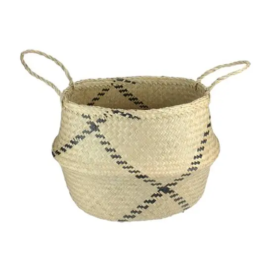 17" Beige & Black Seagrass Belly Basket with Handles {3}