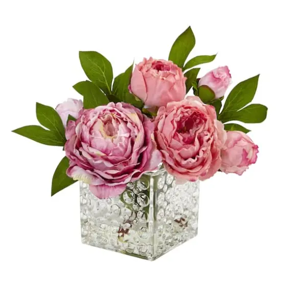 8.5" Pink Peony In Square Textured Glass Vase {1}