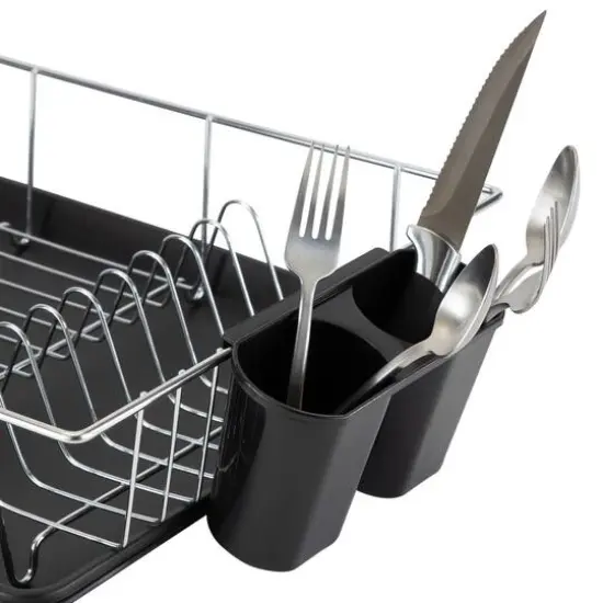 Kitchen Details Black 3-Piece Chrome Dish Rack with Tray {7}