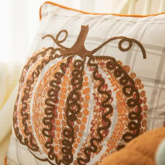 Glitzhome&reg; 18" Fall Embroidered Pumpkin Pillow Cover {5}