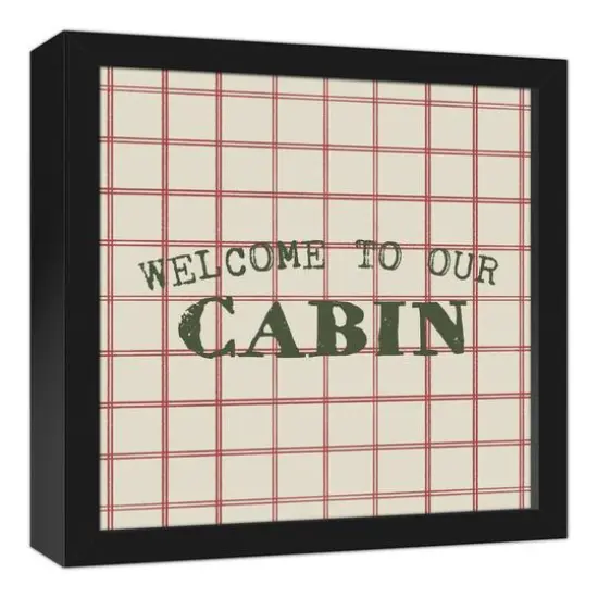 Welcome To Our Cabin Red and Cream Check Canvas Wall Art in Black Frame {3}