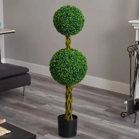 4ft. Potted Boxwood Double Ball Topiary Tree with Woven Trunk {5}