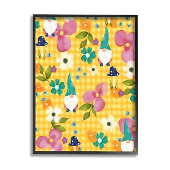 Stupell Industries Yellow Tartan Patterned Spring Gnomes Mushrooms Framed Giclee Art Black {1}
