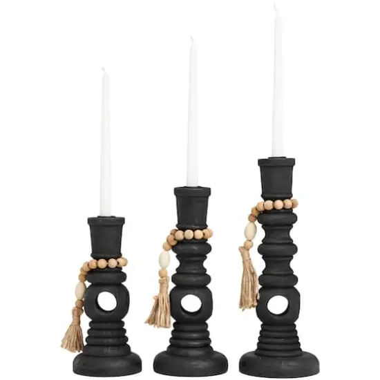 Black Wood Handmade Textured Matte Candle Holder with Beaded Garland Set {5}