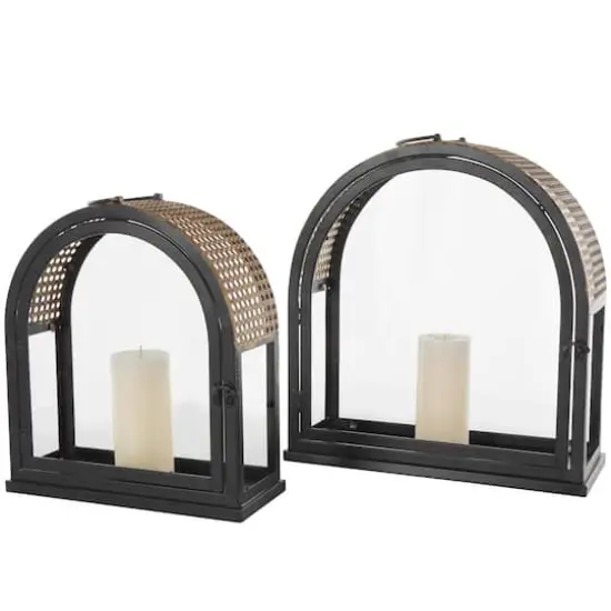 Gold Top Black Metal Arched Candle Lantern Set {1}