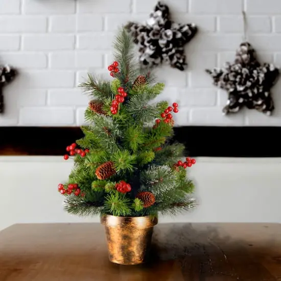 2ft. Unlit Silver Bristle, Pinecones, Red Berries & Glitter Crestwood Spruce Artificial Christmas Tree in Bronze Pot {3}