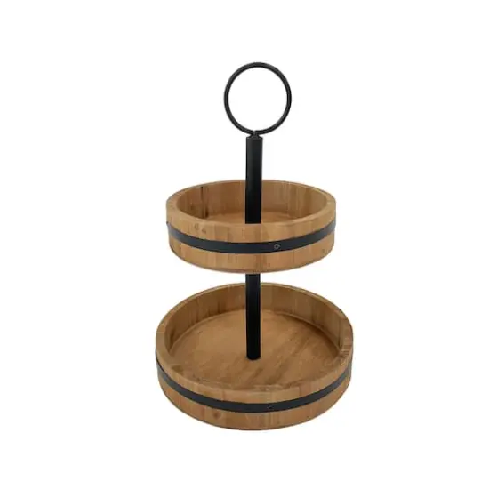 15" Natural Brown Wood & Metal 2-Tier Tray by Ashland® {3}